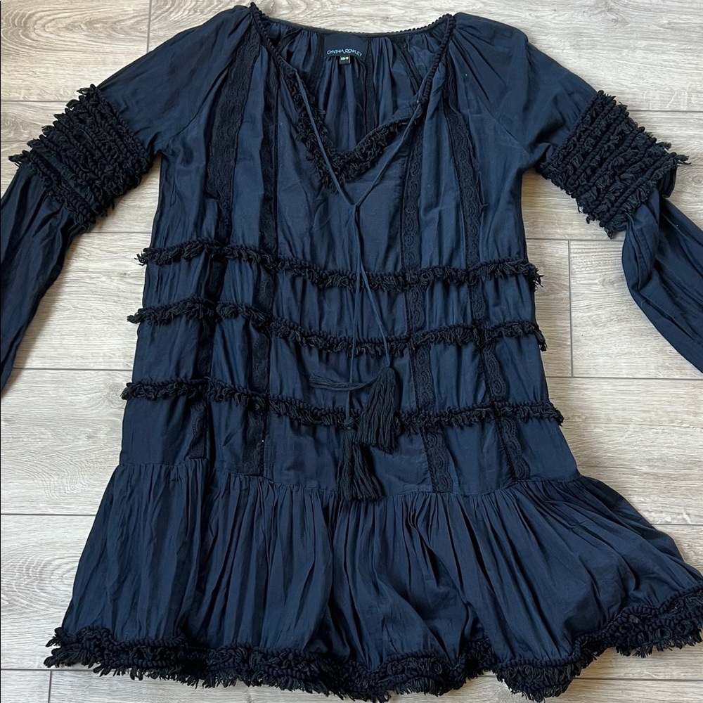 Cynthia Rowley Black Ruffled Sheer Sleeve Dress Bathing suit cover